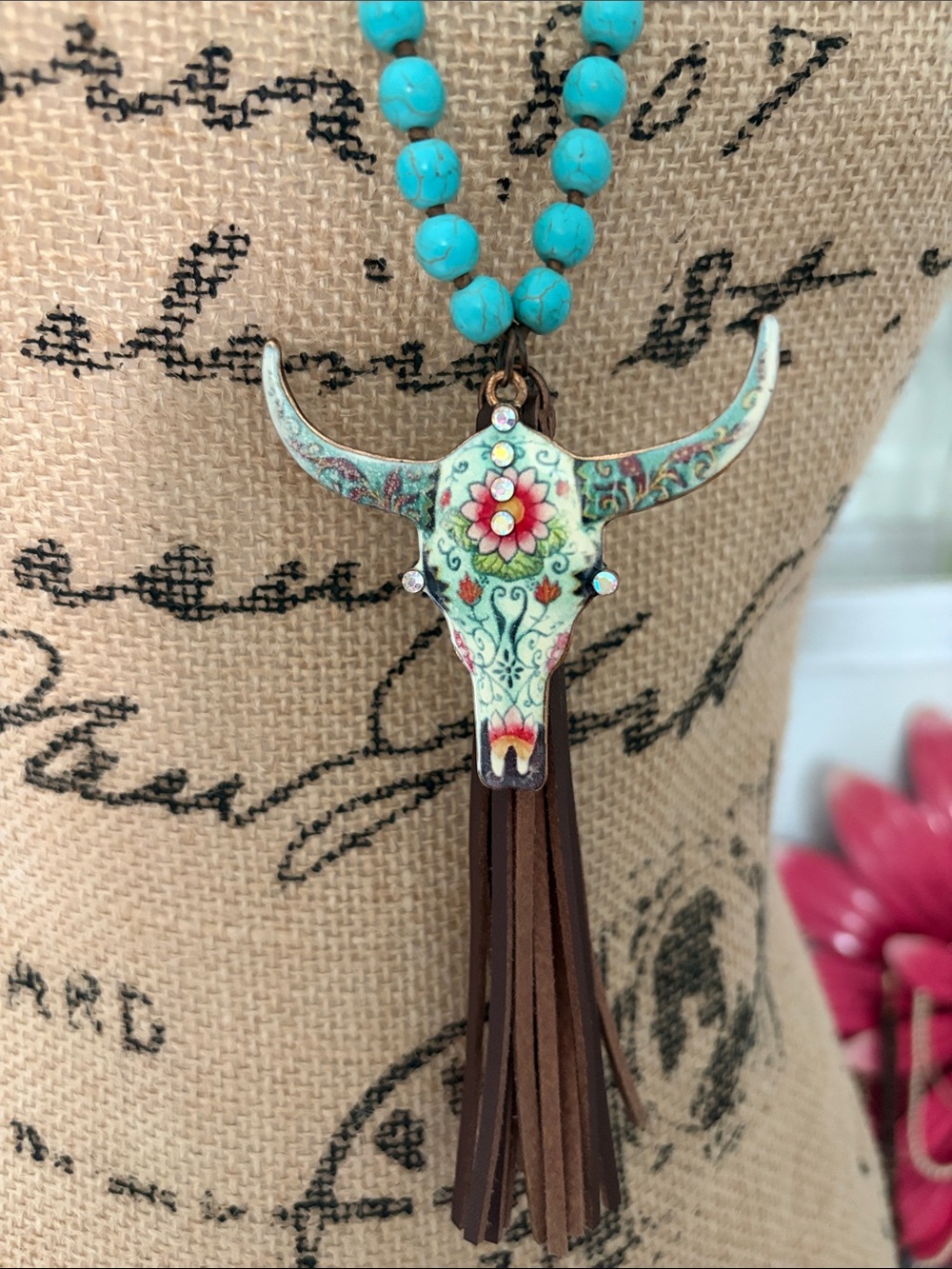 Turquoise Beaded Cow /Bull Skull Pendant Necklace with Brown Tassel - Picture 3 of 5